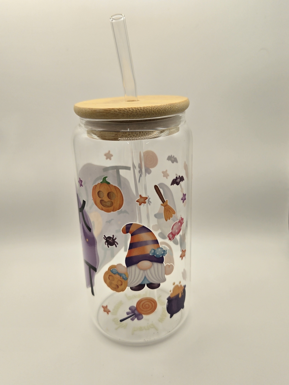 Glass Halloween Drink Jar with Bamboo Lid - Purple Trick or Treat Design - Picture 2 of 4